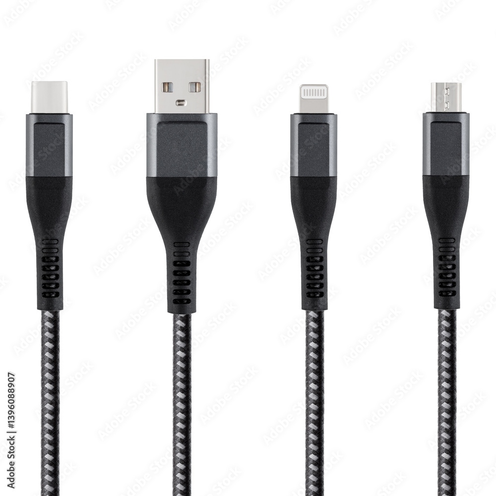 Black cable for charging and synchronization with Type - C, USB, Micro USB, Lightning connectors on a white isolated background close-up