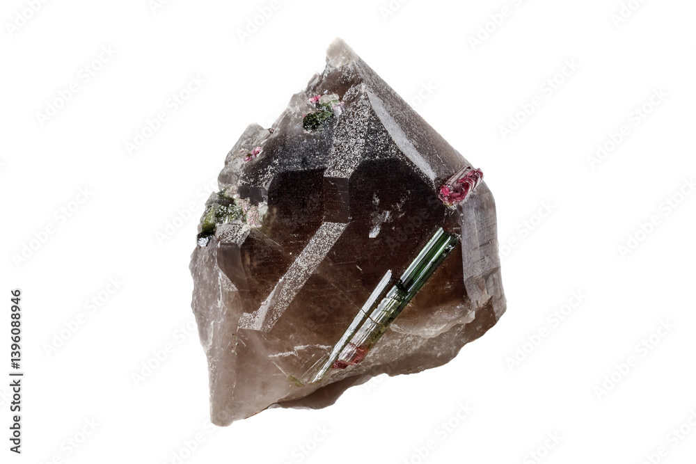 Tourmaline mineral stone in the breed a white background close up