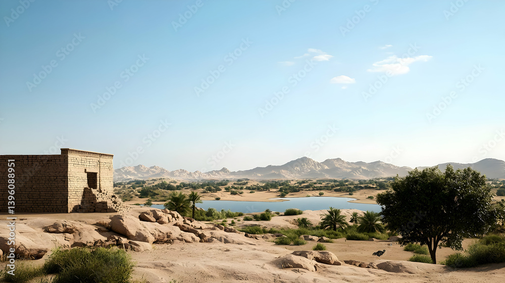 Desert Landscape With Ruined Building And Lake Desert Landscape With Ruined Building And Lake
