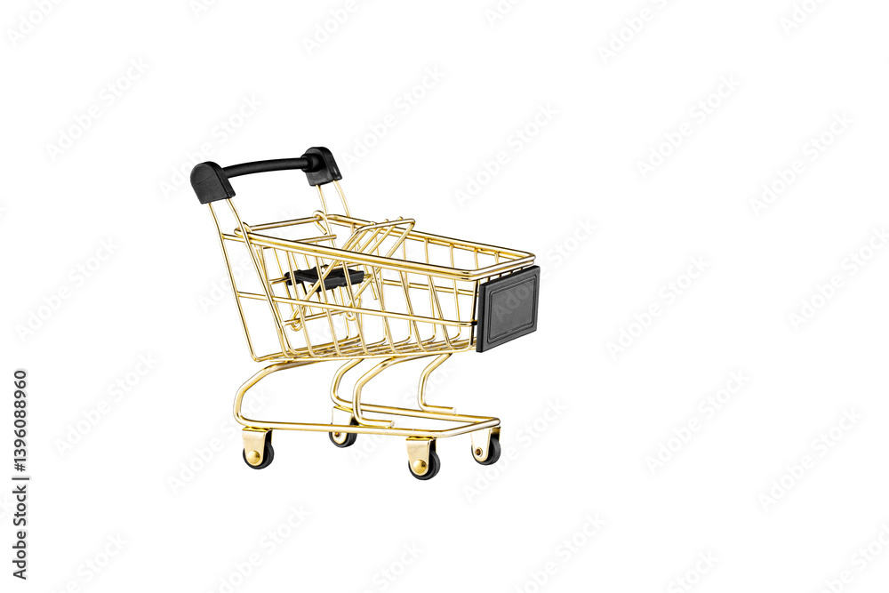 shopping trolley side view gold, yellow and black color cart on isolated white background close up