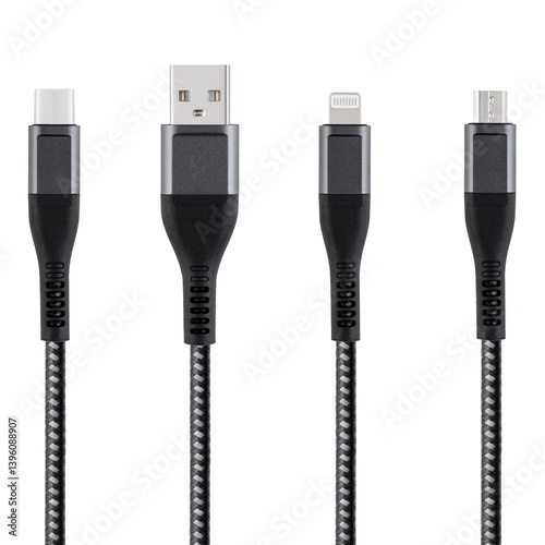 Obraz na płótnie Black cable for charging and synchronization with Type - C, USB, Micro USB, Lightning connectors on a white isolated background close-up w salonie