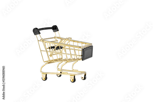 Obraz na płótnie shopping trolley side view gold, yellow and black color cart on isolated white background close up w salonie