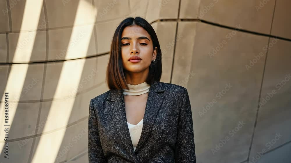 Stylish woman in textured blazer standing against geometrically patterned wall with light and shadow creating an elegant sophisticated look