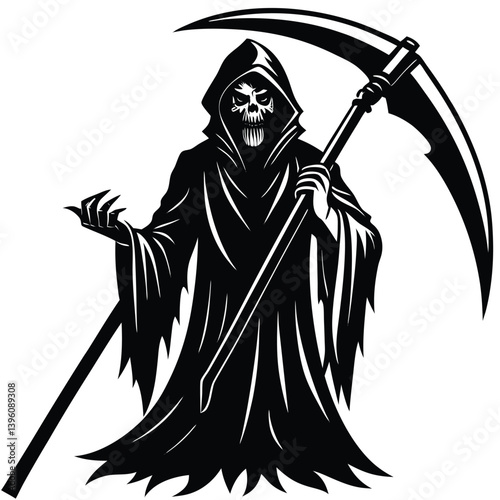 Grim Reaper with Scythe in Monochrome, Death Figure in Hooded Cloak, Black and White