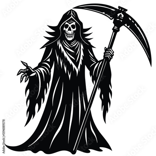 Grim Reaper Silhouette Holding Scythe, Death Figure with Dark Hood on White Background