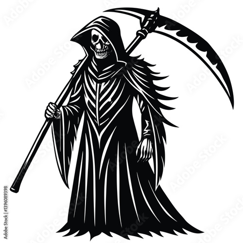 Grim Reaper Holding Scythe, Black and White Silhouette, Hooded Figure, Dark, Death 84 Char