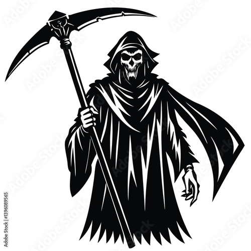 Grim Reaper with Scythe, Hooded Death Figure, Skeleton Face, Monochrome, Isolated Art
