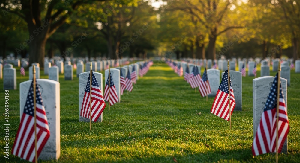 Naklejka premium A cemetery filled with rows of headstones and american flags on a bright sunny day in the united states