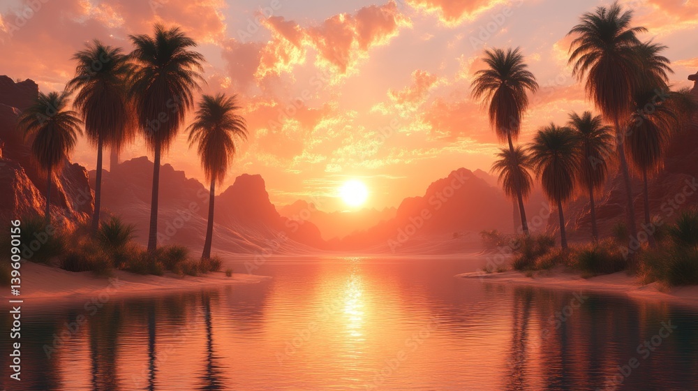 Sunset Oasis with Palm Trees and Mountain Reflections Sunset Oasis with Palm Trees and Mountain Reflections