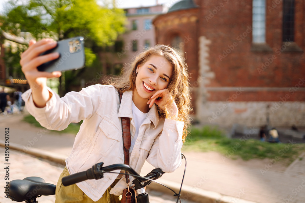 Portrait of joyful woman taking selfie with bicycle on sunny city street. Beautiful woman walking in European city, blogging. Walking, blogging concept. Active lifestyle. Portrait of joyful woman taking selfie with bicycle on sunny city street. Beautiful woman walking in European city, blogging. Walking, blogging concept. Active lifestyle.