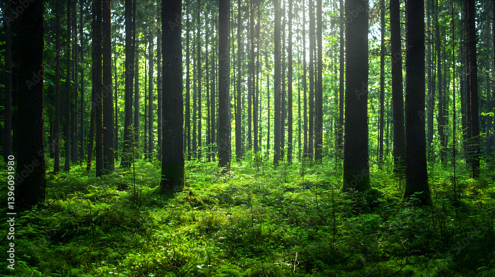 Obraz premium Sunlight Filtering Through Lush Green Forest