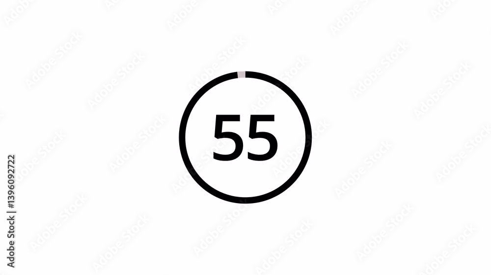 One minute countdown animation from 60 seconds to 0 second with alpha channel, 1 minute countdown timer on transparent background, one minute countdown video
