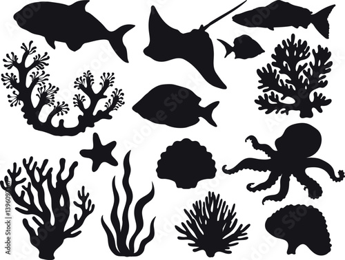 A vector illustration with vibrant underwater scene with silhouette tropical fish set, coral reefs, seaweed, and marine flora