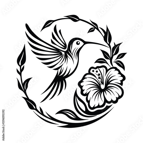 Hummingbird Flying Near Hibiscus Flower, Black & White Silhouette, Floral, Vine, Exotic