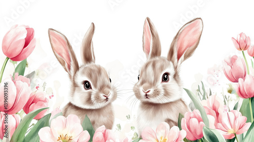 Watercolor illustration with adorable bunnies among spring flowers