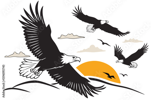 Majestic Bald Eagles Soaring Over Sunset Landscape, Graphic Vector Illustration, Symbolic Representation.