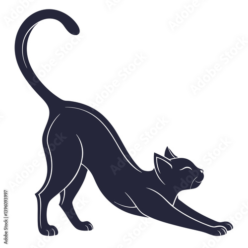 Silhouette of Elegant Black Cat Stretching, Graceful Feline in Profile on White