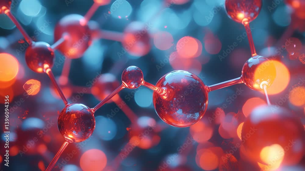 Glowing Red and Blue Molecular Network in Futuristic Science Visualization