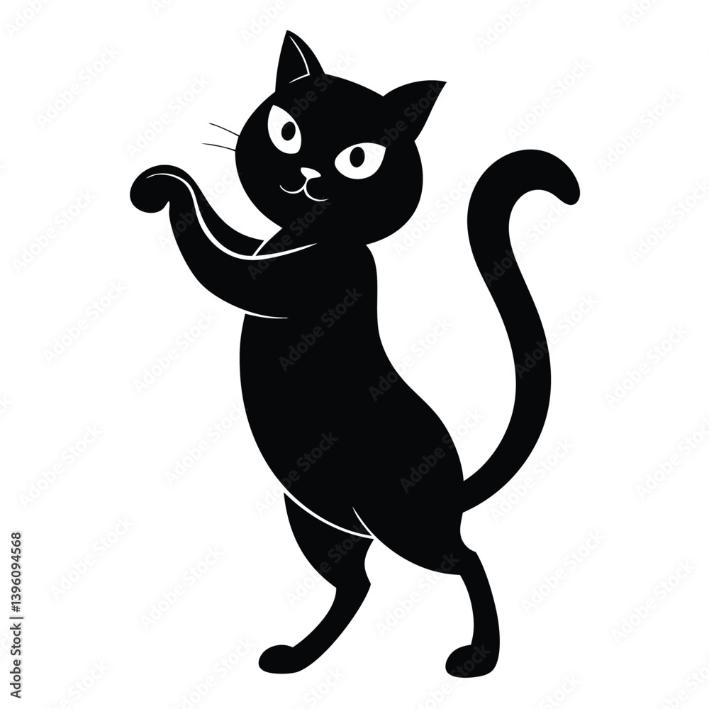 Playful Silhouette Black Cat Standing on Hind Legs with Paws Up, Isolated on White Playful Silhouette Black Cat Standing on Hind Legs with Paws Up, Isolated on White