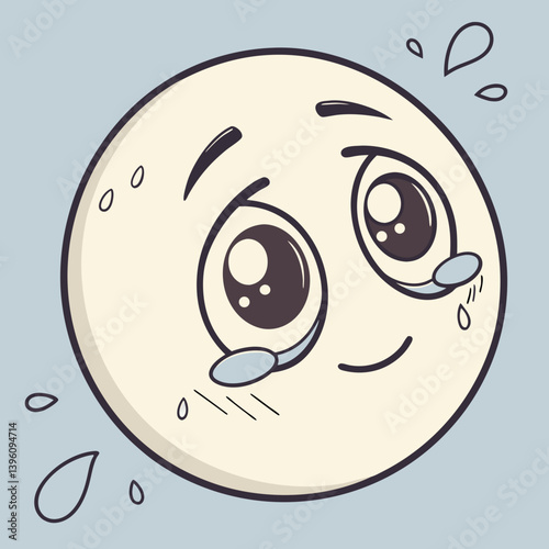 Cute round emoji with glossy eyes tearing up, soft blue background