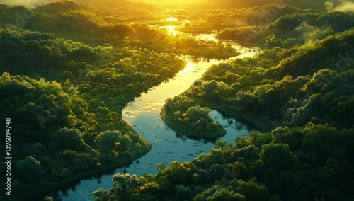 Wallpaper Mural Aerial View of River Winding Through Green Forest Landscape at Sunset Torontodigital.ca