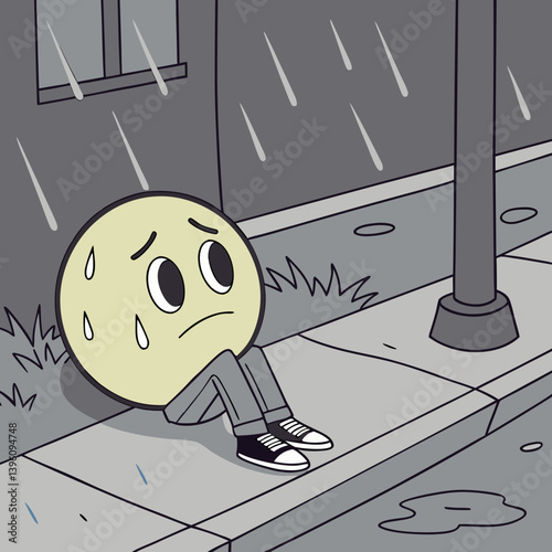 Lonely emoji sitting in the rain with tears mixing with raindrops