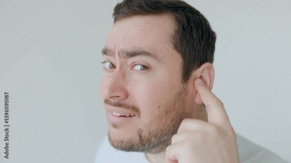 Man with a surprised expression pointing to his ear in a light setting Man with a surprised expression pointing to his ear in a light setting