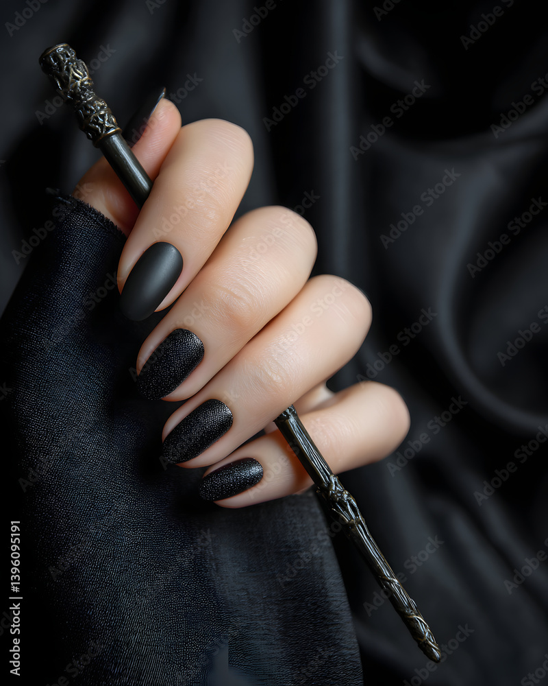 A striking display of matte black nails paired with a magical wand, radiating elegance and mystery.