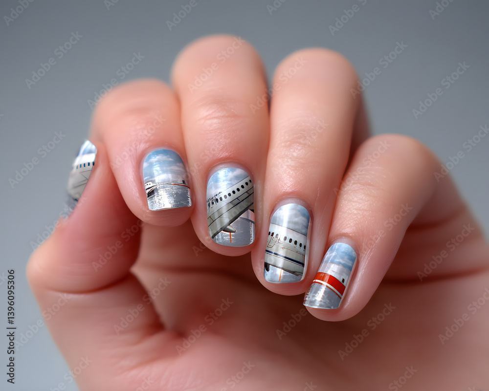 Intricate airplane wing designs on nails evoke wanderlust and creativity.