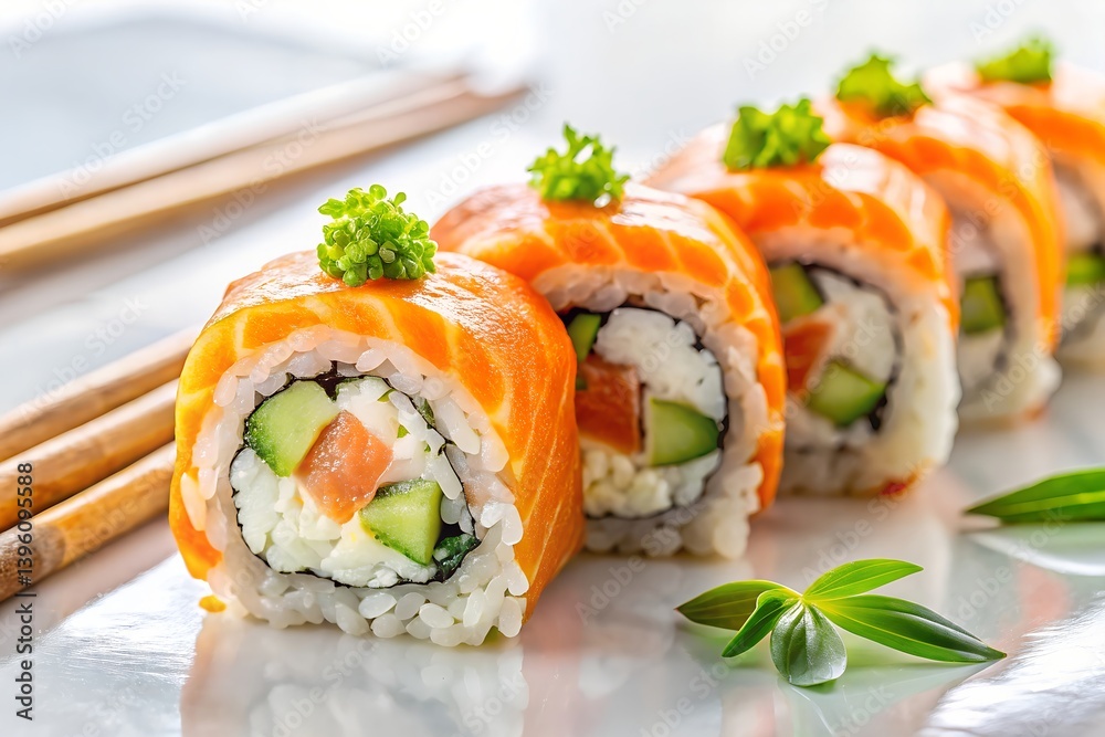 Fresh Salmon Sushi Rolls Close Up With Cucumber Rice And Garnish Delicious Traditional Japanese Cuisine On A White Plate, sushi, sushi roll, salmon, salmon sushi, japanese food, japanese cuisine Fresh Salmon Sushi Rolls Close Up With Cucumber Rice And Garnish Delicious Traditional Japanese Cuisine On A White Plate, sushi, sushi roll, salmon, salmon sushi, japanese food, japanese cuisine