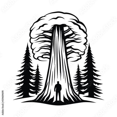Silhouette Person Standing Under Giant Sequoia Tree, Forest Landscape, Nature, Alone