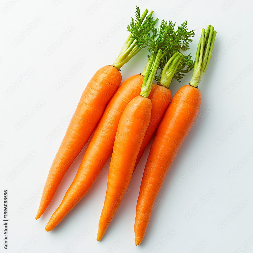 Fresh Whole Carrots with Green Tops on White Background Fresh Whole Carrots with Green Tops on White Background
