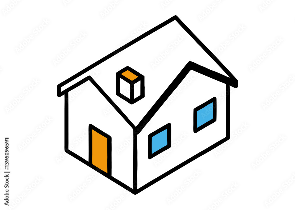 Simple Home Illustration: A minimalist illustration of a house, representing home, shelter, and the concept of property. Featuring clean lines, and a colorful door and windows.