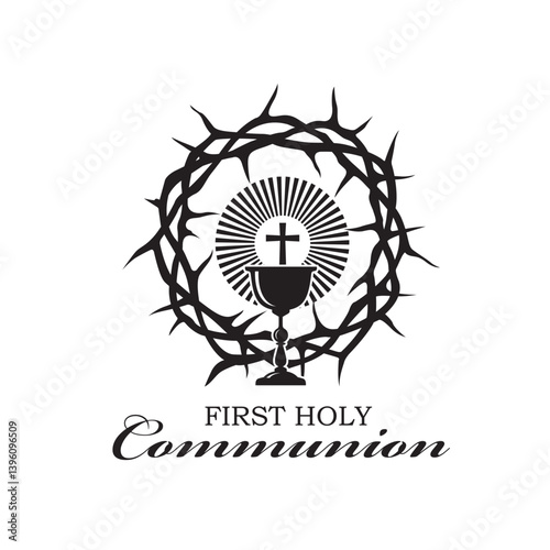 black holy communion icon with chalice and thorn crown isolated on white background