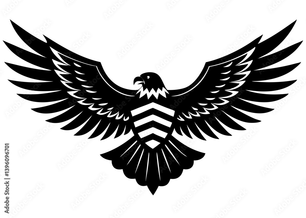 Fototapeta premium Soaring Eagle Emblem: A powerful eagle with wings spread wide, presented in a striking black and white design. It's a perfect symbol of freedom, strength and vision