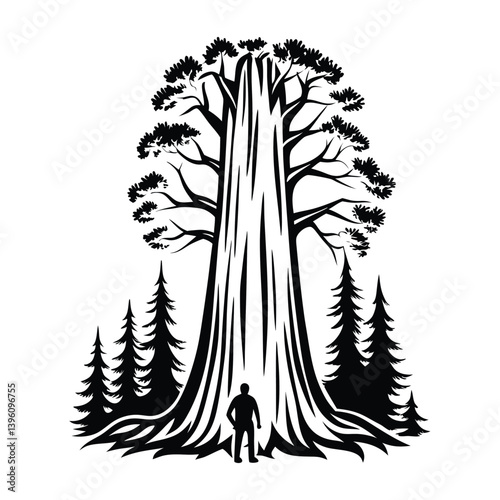 Giant Sequoia Silhouette with Man for Scale & Pine Trees in Black and White Style