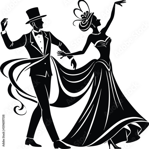 Elegant silhouette of vintage ballroom dance couple, vector illustration for wedding invitation