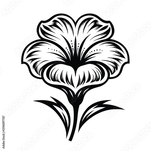 Detailed Black and White Flower with Ornamental Leaves and Stem Design