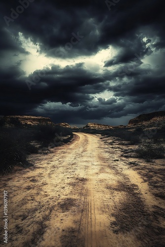 A dusty road winding through a barren landscape beneath an imposing sky filled with dark storm clouds : Generative AI