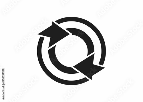 Circular Symbol: A minimalist graphic featuring a black circular symbol with two arrows pointing in opposite directions, symbolizing continuity and cycles. 