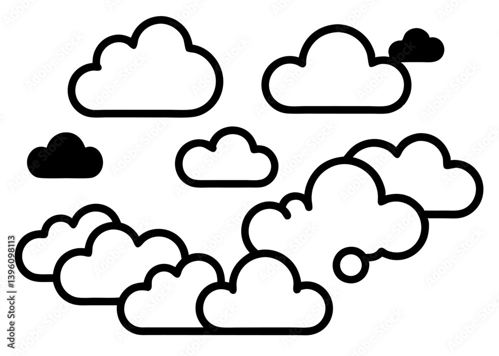 Cloudscape: A whimsical array of cartoonish clouds, with varying shapes and sizes, float against a neutral backdrop, evoking a sense of serenity and childhood wonder.