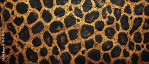 Leopard skin texture with copy space. Close-up leopard pattern. Big Cat fur. Leopard spots. Realistic leopard skin. Leopard design texture. Detailed leopard skin close-up. Wild Animal texture.