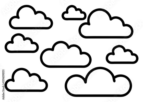Clouds Illustration: A minimalistic illustration of fluffy clouds, rendered in black lines on a clean background, evoking a sense of calm and simplicity.