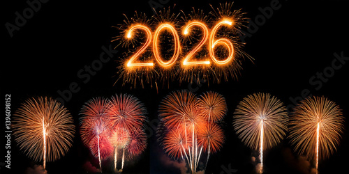 New Year's rockets with tail and explosion light up the night sky on New Year's Eve 2026