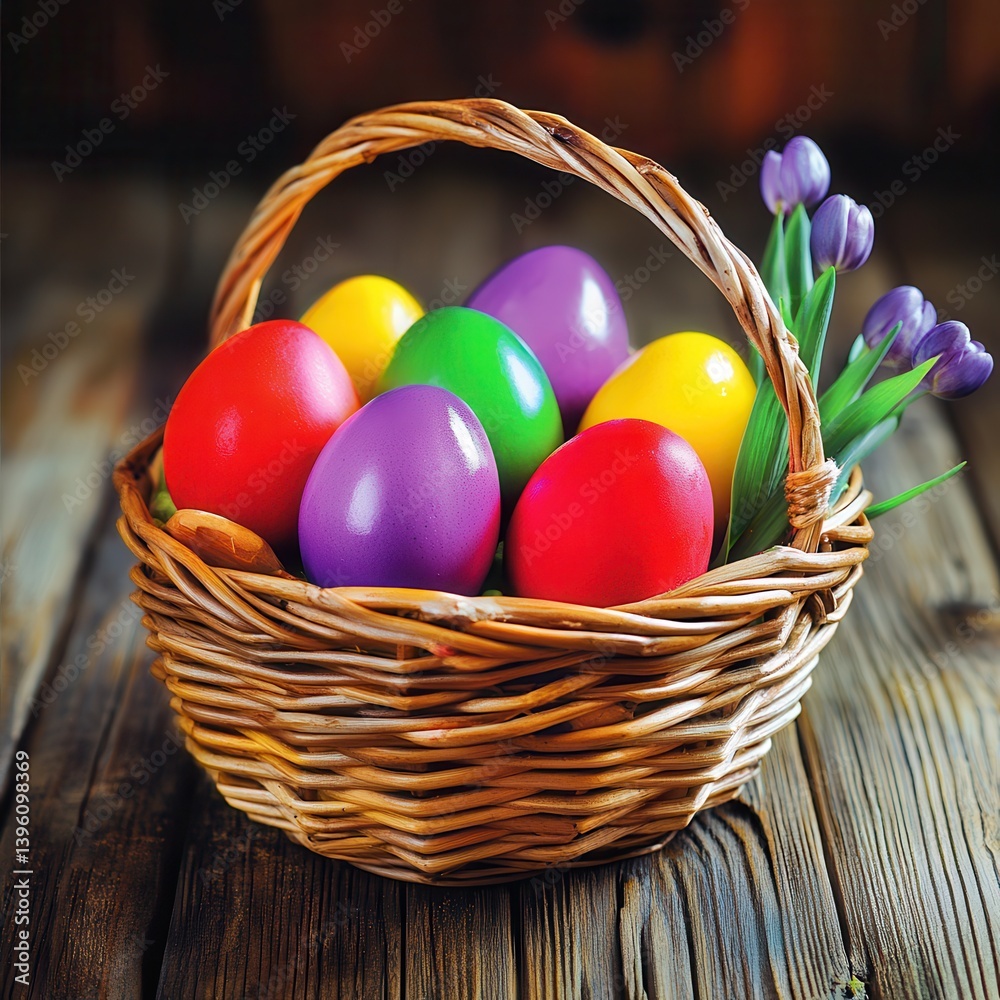 A basket filled with colorful eggs sits on a table, celebrating the Easter holiday. A basket filled with colorful eggs sits on a table, celebrating the Easter holiday.