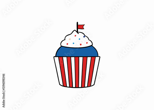Festive Cupcake Delight: A charmingly illustrated cupcake, adorned with patriotic red, white, and blue elements, topped with a dainty flag, ready to celebrate.