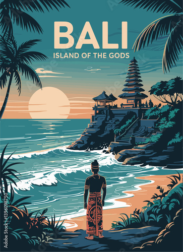 Bali, Indonesia travel destination poster in retro style. Vector art illustration