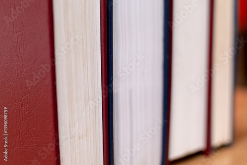 Close up of row of multi colored books
