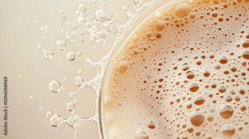 Closeup of frothy creamy coffee surface with rising bubbles and splashing droplets, soft warm light, minimal background Closeup of frothy creamy coffee surface with rising bubbles and splashing droplets, soft warm light, minimal background
