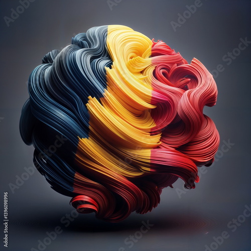 Romanian flag in vibrant swirling ribbons on a dark gradient background